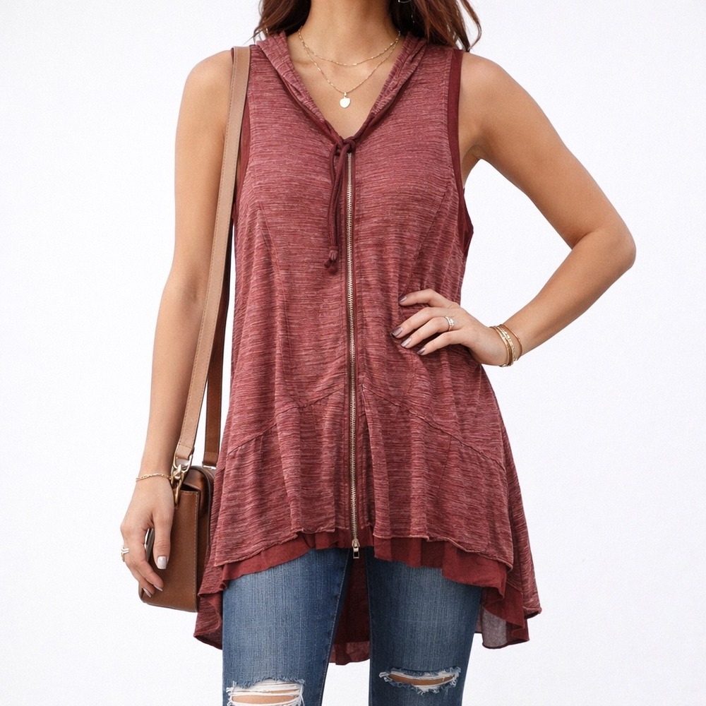 Mur Mur Hooded Sleeveless Zip Tunic Top Burgundy‎ Heathered Ruffle Hem Small
